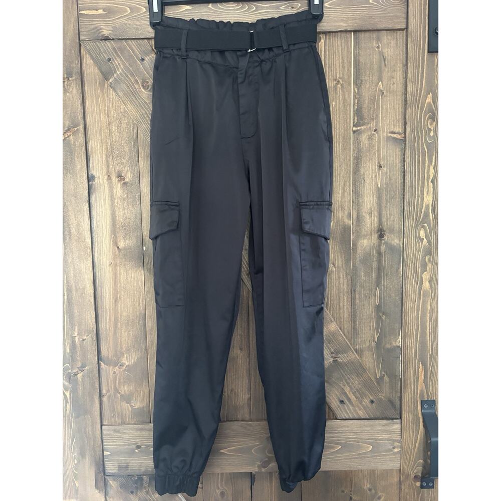 Zara Sateen Cargo Jogger Pants Womens XS Black Belted Utility Satin